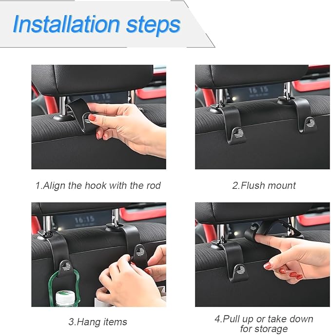 4 Pack Headrest Hooks for Vehicle Seats, Black/Black Flag | rear-row hanging storage, supports bags coats and groceries, fits matching headrest posts, interior accessory - Image 3