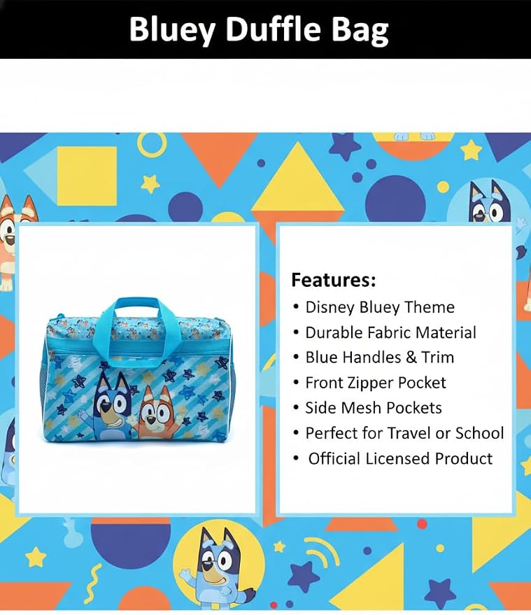 Bluey Kids’ Duffle Bag – Bluey & Bingo Travel Gym Bag with Adjustable Shoulder Strap, Mesh Side Pockets & Zipper Pocket - Image 4