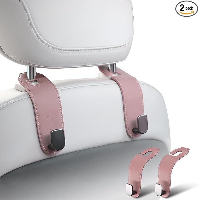 Car Purse Holder,2 Pack Leather Car Purse Hook,Car Organization Accessories | Sturdy Metal Core, Premium Leather Wrapped, Universal Fit for Most Vehicle Seat Headrest, 360-degree Rotation,Easy to Install by Ompellus