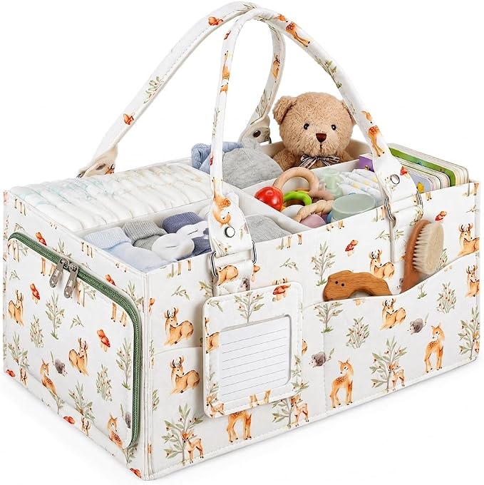 ABOOFAN Baby Diaper Caddy Organizer with Removable Dividers and Handle | Deer Print Felt Nursery Storage Bin, Holds Diapers, Wipes and Newborn Essentials, Portable for Changing Table, Car & Bedside by ABOOFAN