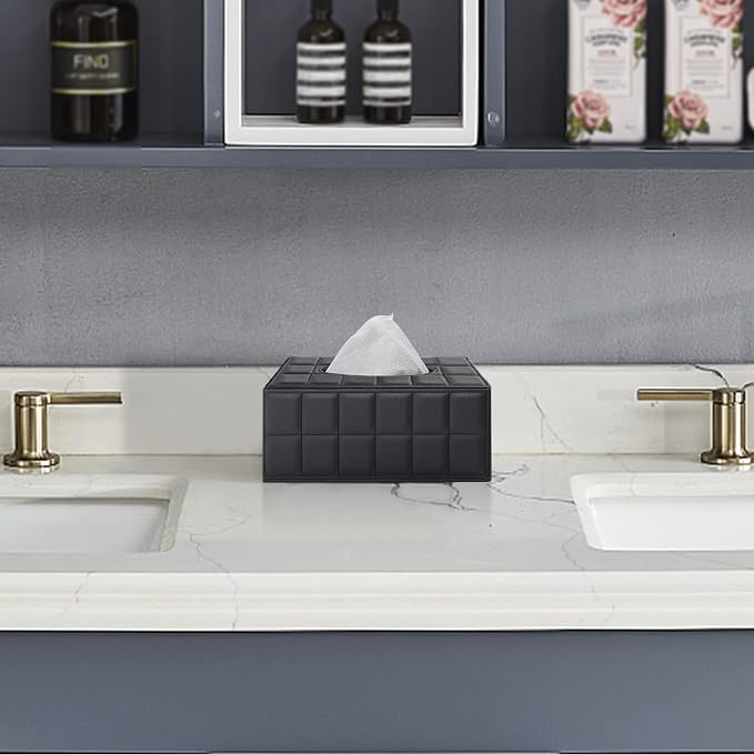 Tissue Box Cover Rectangle Tissue Box Holder PU Leather Facial Organizer with Magnetic Bottom,Decorative Napkin Caddy for Vanity Dresser Night Stand Table Countertop Home Office Car,Black - Image 2