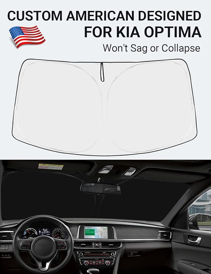 Proadsy Custom Fit 2016-2020 Kia Optima Windshield Sun Shade, Blocks Heat | 240T Heat Shield, Drops Temp 54°F, Blocks 99% UV, Prevents Dashboard Cracking, Summer Parking & Beach Trips, Easy Twist-Fold - Image 2