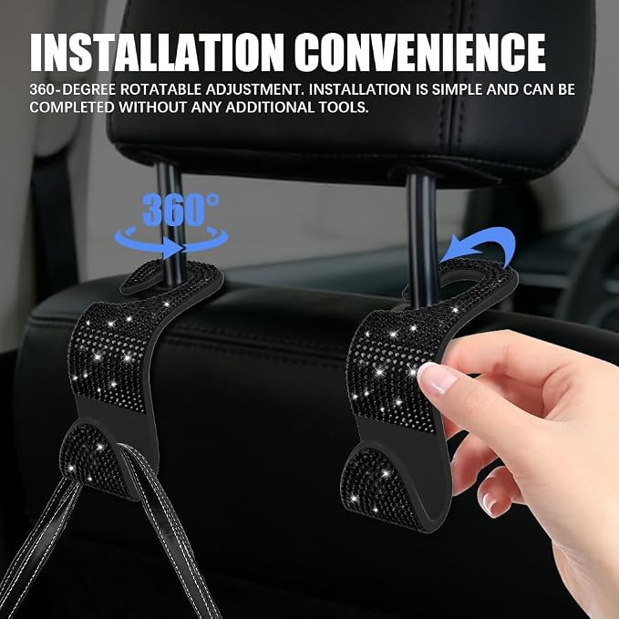 4PCS Bling Car Seat Headrest Hooks, Purse Holder for Car, Vehicle Back Seat Purse Handbag Hanging Holder with Crystal Rhinestone, Diamond Car Rear Seat Organizer for Vehicles (Black) - Image 4