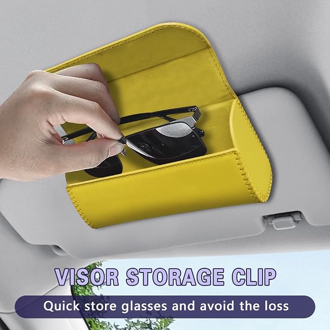 Sunglasses Holder for Car Sun Visor, Sunglass Organizer for Car, Magnetic Leather Eyeglasses Protective Storage Case, Waterproof Glasses Organizer Visor Accessories for Vehicles (Yellow) - Image 3