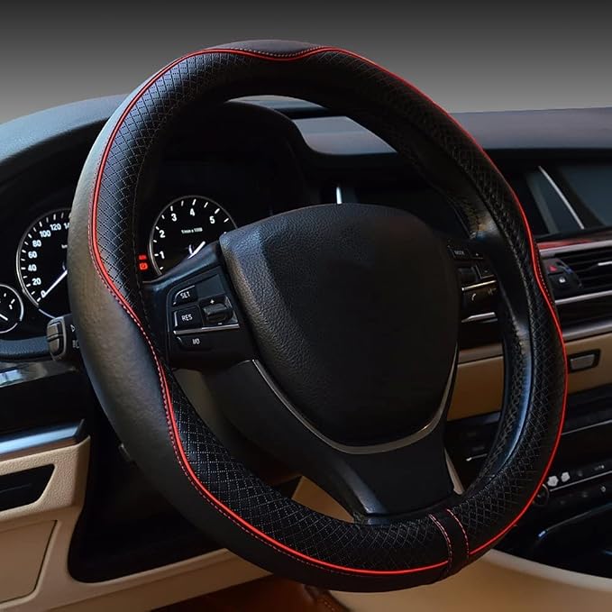 Car Steering Wheel Cover, Anti-Slip, Safety, Soft, Breathable, Heavy Duty, Thick, Full Surround, Sports Style (Black with Red line) by Rsept