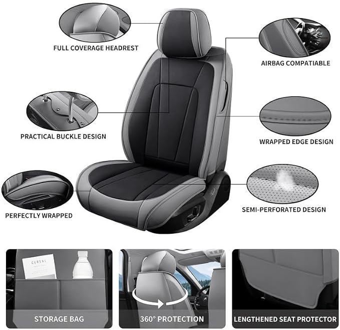 Car Seat Covers Full Set Custom Fit For Kia Niro 2017-2026 ,Gray&Black | Premium Faux Leather, Waterproof, Anti-Slip, Airbag Compatible, Breathable, Car Seat Protectors, 2 Rows 5 Seats - Image 4