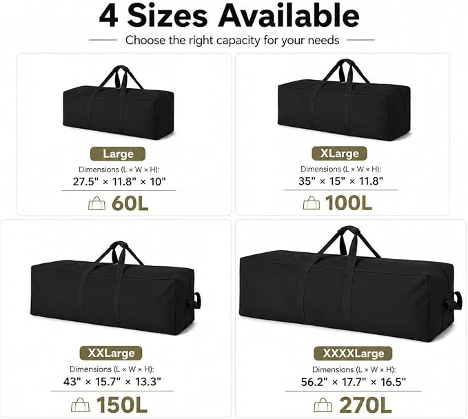 DoYiKe Extra Large Canvas Duffle Bag for Travel Heavy Duty Military Duffel | Tent Storage Gear Equipment Sports Camping Bag with Lockable Zipper Black Side Opening 100L - Image 2