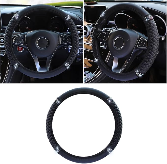 JOYCOURT 15 Inch Bling Soft Leather Car Steering Wheel Cover, Black | Colorful Rhinestones Design, Auto Elastic Protector for Women Girls, Crystal Diamond Car Accessories for Most Cars, SUVs by JOYCOURT