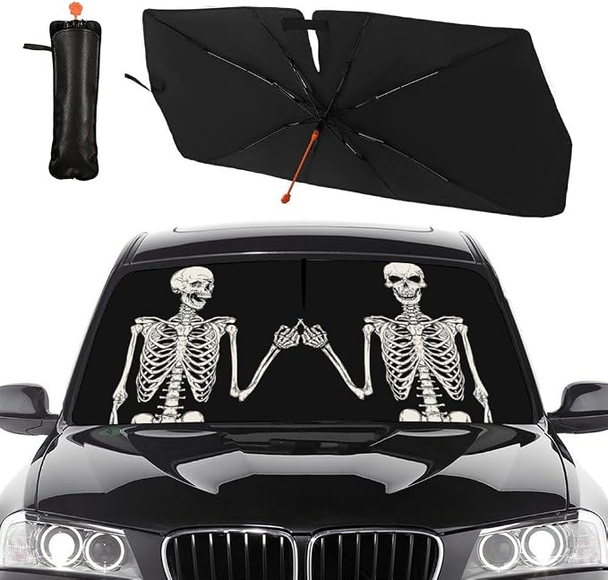 Funny Skull Car Windshield Sun Shade Umbrella Automotive Windshield Sunshade Foldable Front Car Accessories Interior Decor to Keep Vehicle Cool for Most Vehicles 57'' X 30'' by Socira