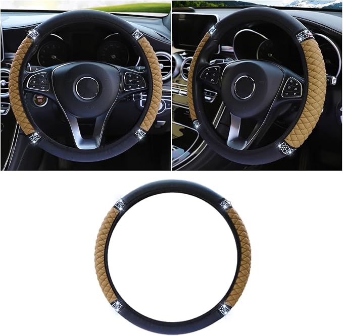JOYCOURT 15 Inch Bling Soft Leather Car Steering Wheel Cover, Beige | Colorful Rhinestones Design, Auto Elastic Protector for Women Girls, Crystal Diamond Car Accessories for Most Cars, SUVs by JOYCOURT