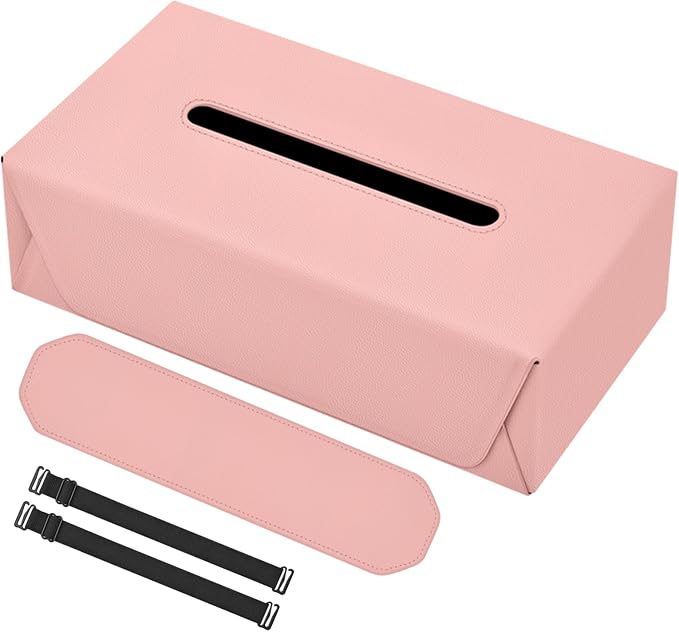 Car Tissue Holder with Magnetic & Strap Mount, Pink, 1 Pack | PU Faux Leather, For Sun Visor, Seat Back, Console, Refrigerator, Fits Standard Tissue Packs by HALOYiVGO
