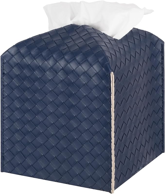 Tissue Box Cover Square Leather Facial Paper Holder, Navy Blue | PU Leather，Easy to Fill, Easy Clean, Decorative Cube Tissue Box Holder for Office, Bathroom,Kitchen, Living room, Guest room by zoocatia