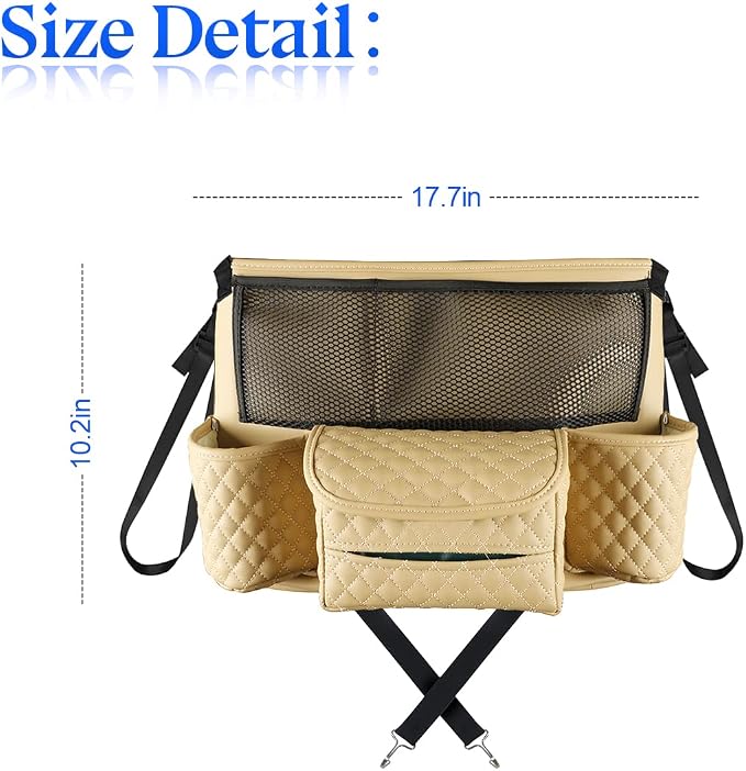 XINLIYA Car Handbag Holder Between Seats, PU Leather Multi-Pocket Large Capacity Purse Holder, Auto Net Bag Barrier of Backseat Pet Kids, Car Seat Organizers and Storage for Cargo Tissue Cup（Beige） - Image 2