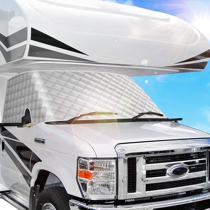BougeRV RV Windshield Window Snow Cover Fit for Class C Ford E450 1997-2026 | Motorhome Windshield Cover for Ice and Snow Front Window Sunshade Cover RV Accessories 4 Layers with Mirror Cutouts, Silver by Unknown