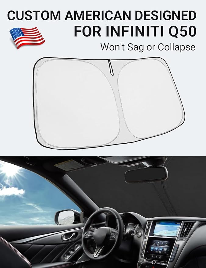 Proadsy Custom Fit 2014-2024 Infiniti Q50 Windshield Sun Shade, Blocks Heat | 240T Heat Shield, Drops Temp 54°F, Blocks 99% UV, Prevents Dashboard Cracking, Summer Parking & Beach Trips, Easy Twist-Fold - Image 2