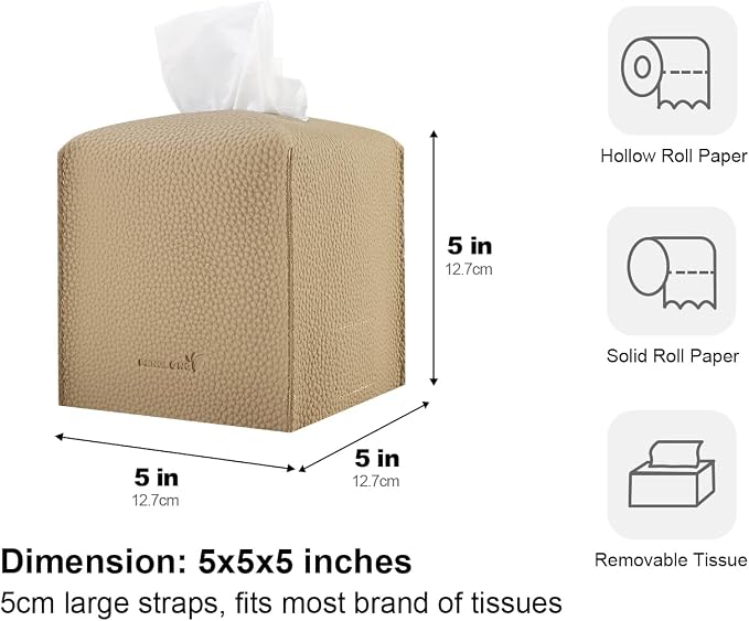 Tissue Box Cover 5X5X5'' PU Leather Tissue Holder Square Tissue Cube Box Organizer for Bathroom Vanity Countertop, Car, Night Stands, Office, Home, Kitchen (1Pack, Wood Apricot) - Image 5