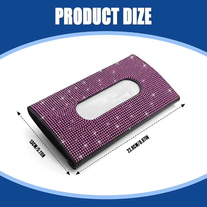 Bling Car Sun Visor Tissue Box Holder, Visor Accessories, Rhinestone PU Leather Crystal Sparkling Napkin Holder, Auto Sun Visor Paper Towel Cover Case Accessories for Most Cars (Pink) - Image 2