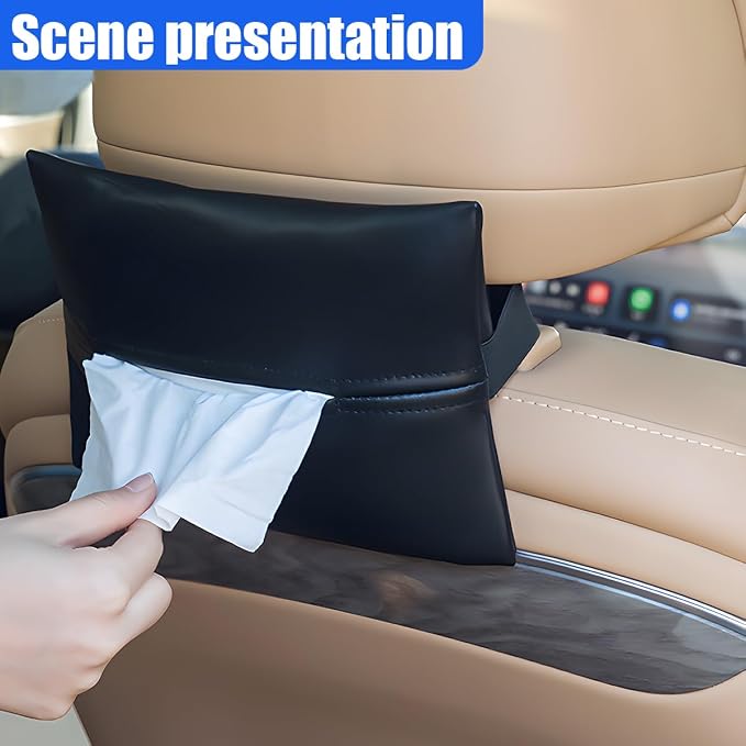 YoRise Car Tissue Holder, PU Leather Car Napkin Holder with Adjustable Strap, Center Console Tissues Box Cover, Sun Visor Organizer Keep Auto Tidy, Vehicle Headrest Storage Accessories (Black) - Image 6