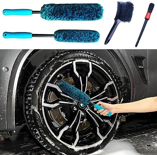 oesee PRO Choice 4 Pack Long Handle Wheel Brush Kit for Cleaning Wheel and Tire- 2X Soft Wheel Cleaning Brush, Detailing Brush and Stiff Tire Brush by OeSee
