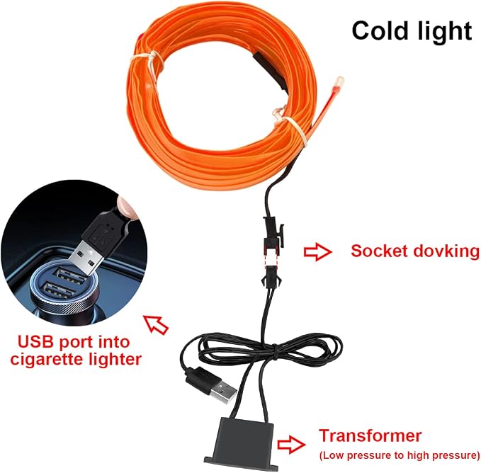10FT EL Wire Strip Lights, USB Car Neon Trim, Sewing Edge, Orange | USB-powered operation, sewing-edge design, fuse protection, interior ambient lighting use, cut-to-length construction - Image 2