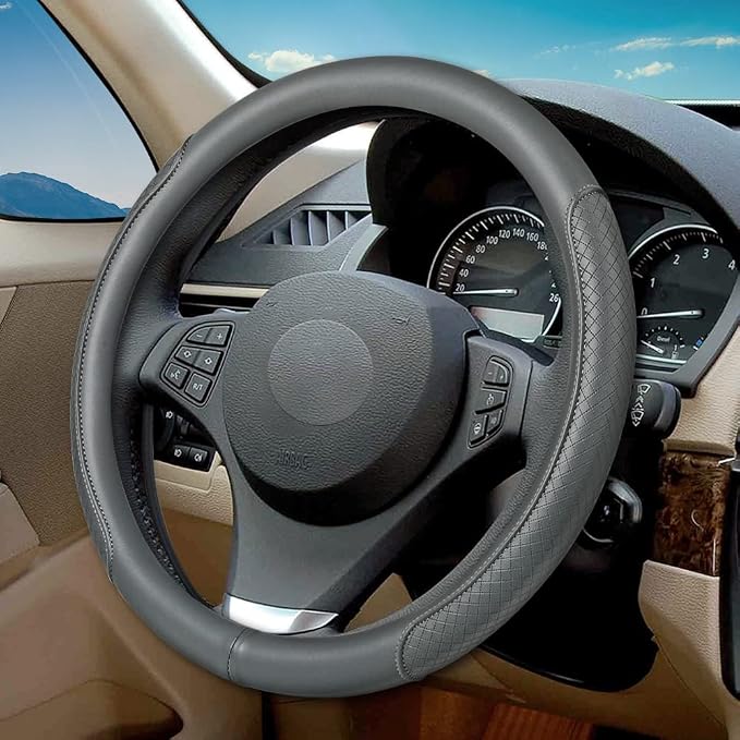 Microfiber Leather Steering Wheel Cover, Classic Embossing, Anti-Slip, Breathable, 15 Inch, Gray by VARGTR
