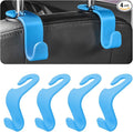 4 Pack Curved Headrest Hooks for Vehicle Seats, Light Blue | rear-row hanging storage, supports bags coats and groceries, fits matching headrest posts, interior accessory by Hanemia
