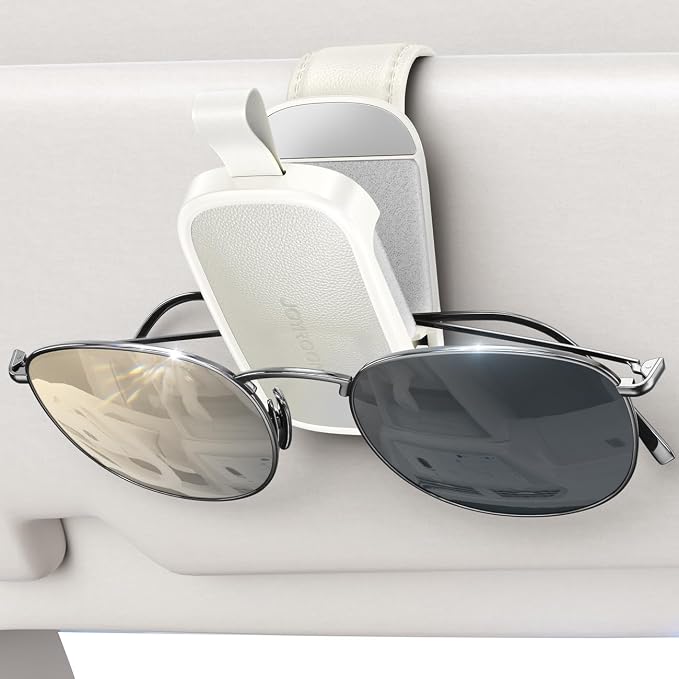 JOYROOM Magnetic Leather Sunglass Holder for Car Visor - White | One hand magnetic glasses holder for car visor clip, Soft leather lining protects frames, fits all auto sunglasses. by JOYROOM