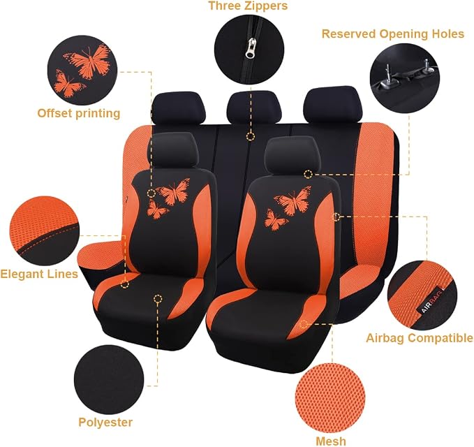 Flying Banner Butterfly car seat Covers ful Set Fashion Universal Lady Woman Female Rear Bench Split Colorized (Full Set, Orange) - Image 2