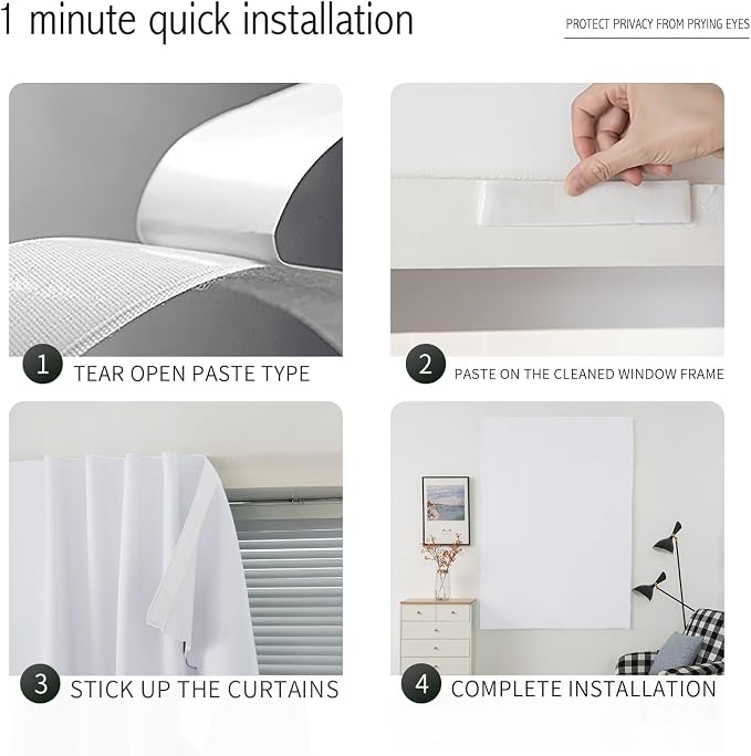 self Adhesive Curtains Portable Blackout Curtain Simple and Easy to Install Bedroom Window Thermal Lnsulated Kitchen Room Darkening Black Small Drapes, 47" W X 59" L, White, 1 Panel - Image 4