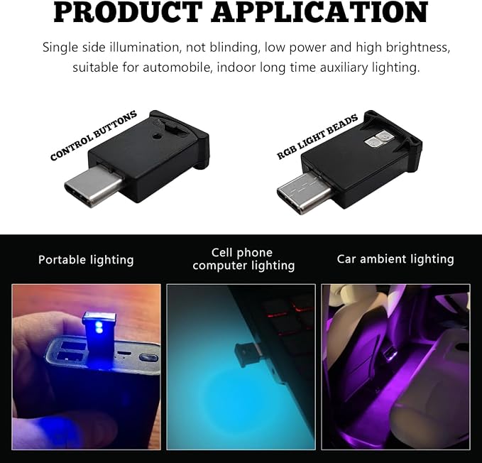 USB Type C LED Ambient Light, 8 Colors RGB LED Car Atmosphere Lamp with Adjustable Brightness, 5V Plug-in USB Night Lights Interior Decoration for Vehicle Home Office - Image 4
