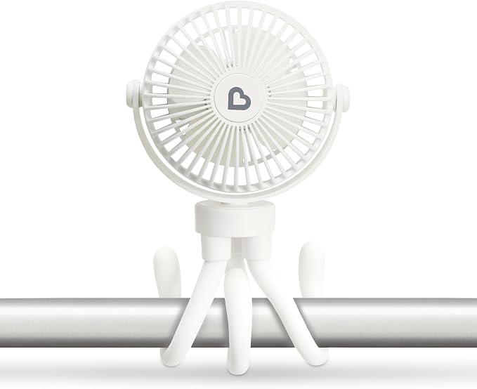 Munchkin Stroller Fan - Portable Fan for Travel, Baby Gear Accessory with 4 Speeds, Flexible Clip-on Leg Attachment, Rechargeable Battery, White with Multicolored LED Lights by Munchkin
