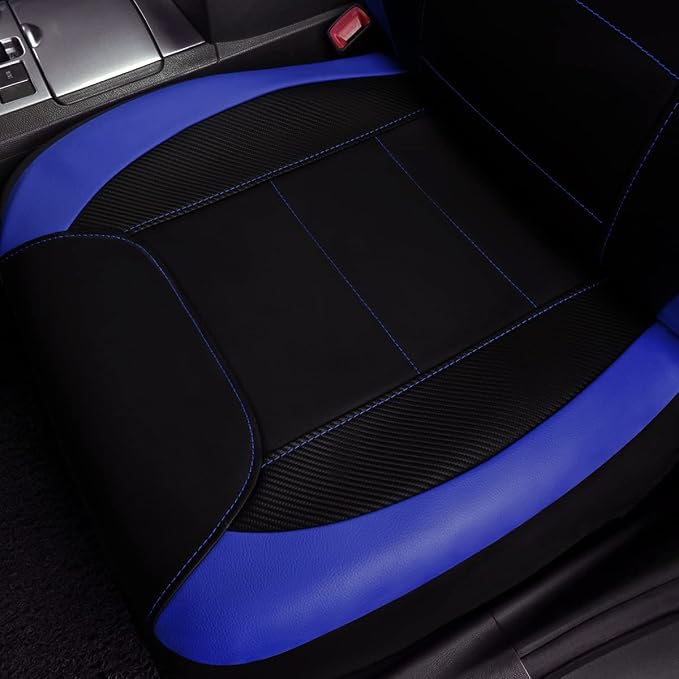 Flying Banner car seat Covers Protects Water Proof Faux Leather Carbon Fiber Front and Rear Bench (Blue Black, Full Set - 9PCS) - Image 5