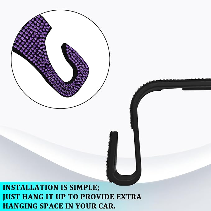 Bling Car Seat Headrest Hooks Purple Car Accessories for Women Crystal Rhinestone Auto Seat Back Hanger Storage Organizer for Purse Handbag Coat, Universal Purse Hook for SUV Truck（4PCS Purple） - Image 4