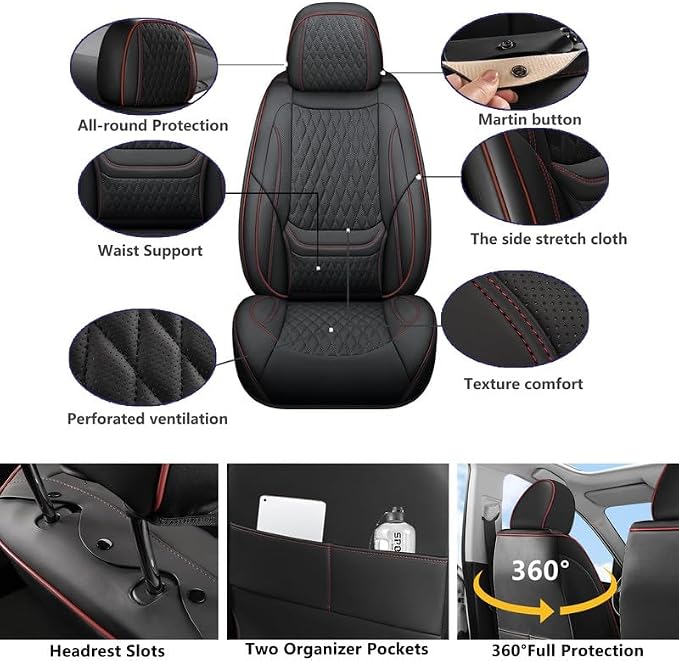 Car Seat Covers Full Set Custom Fit For Lexus GS300 2006-2015, Black&Red | Lumbar Support, Premium Faux Leather, Breathable, Anti-Slip, Airbag Compatible, Waterproof, Car Seat Protectors, 2 Row-5Seat - Image 2