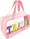Bunliuys Chenille Letter Clear Makeup Bag Travel Patch, Travel Toiletry Makeup Bag with Handle, Nylon Waterproof Makeup Bags clear cosmetic bag, preppy patch makeup bag for Women (TRAVEL-Pink) by Bunliuys