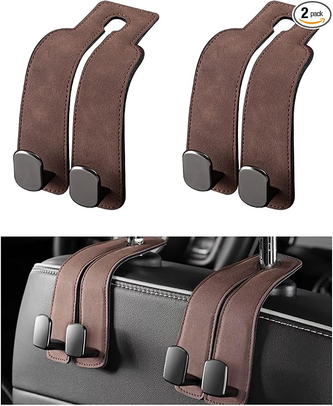 2 PCS Car Seat Headrest Hook, Back Seat Hanger with Double Flexible Leather Hooks, Soft Leather Double Headrest Metal Hooks Purse Handbag Organizer, Car Accessories (Brown) by Unknown