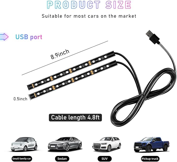 Ohleats Car LED Strip Light, 24 LED RGB Auto Interior Atmosphere Lights, USB Vehicle Under Dash Ambient Night Light Strip, Interior Decorative Lamp Lighting Kit Car Accessories (Ice Blue) - Image 2