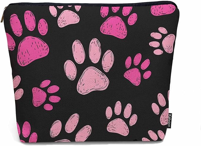 Women Cosmetic Bag Dog Paw, Pet Cat Paws Dog Prints Footprint Cute Makeup Bag For Purse Cosmetic Travel Bag For Toiletries Makeup Storage Bag Flax Skincare Bag Make Up Pouch Bags, Pink Black by Unknown