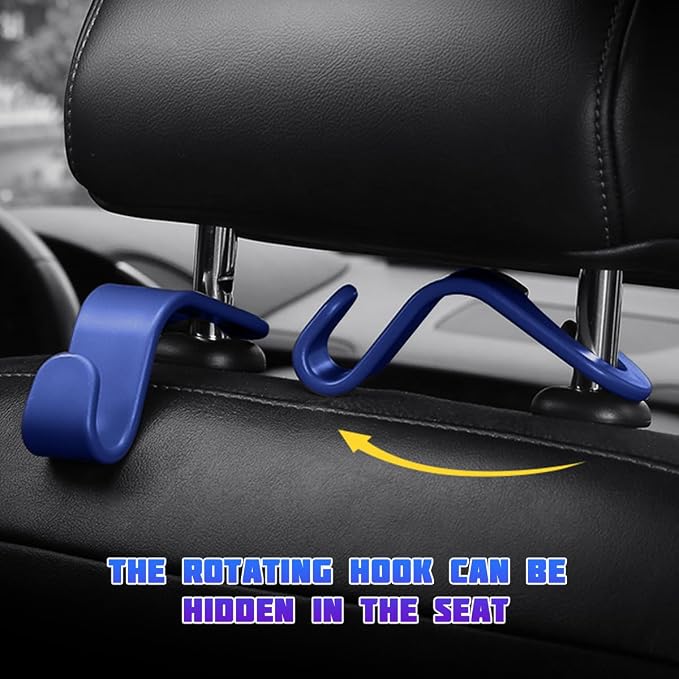 4 Pack 4.13 Inch Car Seat Headrest Hooks, Blue | plastic body, supports up to 55 lb, tool-free post fit, rotates beneath headrest when idle, interior storage accessory - Image 5