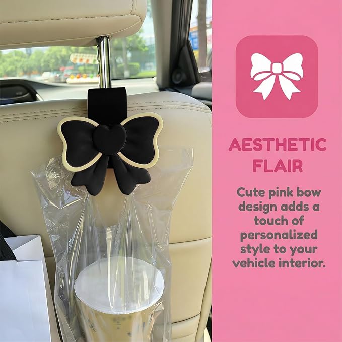 2PCS Car Seat Headrest Hook, Cute Bow Vehicle Backseat Storage Hanger Purse Handbag Organizer, Automotive Interior Seat Back Hook Holder for Umbrella Hat Bag, Universal for Vehicles (Black) - Image 3