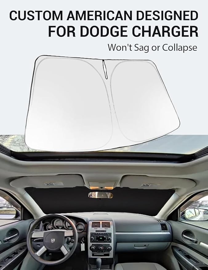 Proadsy Custom Fit Car Windshield Sun Shade for 2006-2010 Dodge Charger | 240T Heat Shield, Drops Temp 54°F, Blocks 99% UV, Prevents Dashboard Cracking, Summer Parking & Beach Trips, Easy Twist-Fold - Image 2