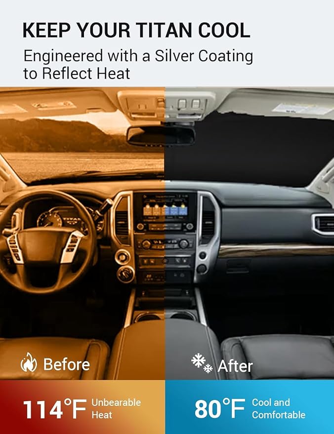 Proadsy Custom Fit 2020-2024 Nissan Titan Windshield Sun Shade, Blocks Heat | 240T Heat Shield, Drops Temp 54°F, Blocks 99% UV, Prevents Dashboard Cracking, Summer Parking & Beach Trips, Easy Twist-Fold - Image 3