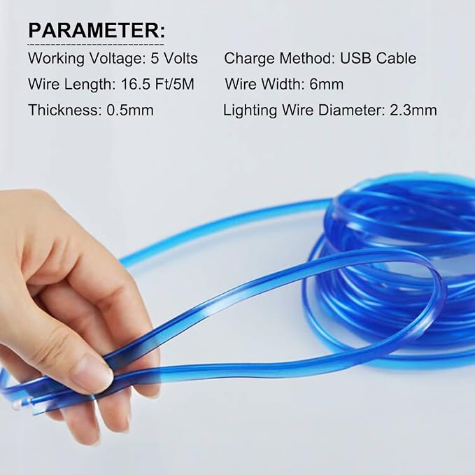 EL Wire Interior Car LED Lights, 16.5FT USB Ambient Lighting Strip, Blue | Neon Glowing Strobing Electroluminescent Wire, 6mm Sewing Edge, Inside Car Lighting Accessories - Image 7