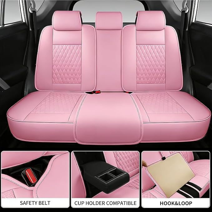 Car Seat Covers Full Set Fit For Toyota Land Cruiser 2000-2026, Pink | Lumbar Support, Premium Faux Leather, Breathable, Anti-Slip, Airbag Compatible, Waterproof, Car Seat Protectors, 2 Row-5Seat - Image 3