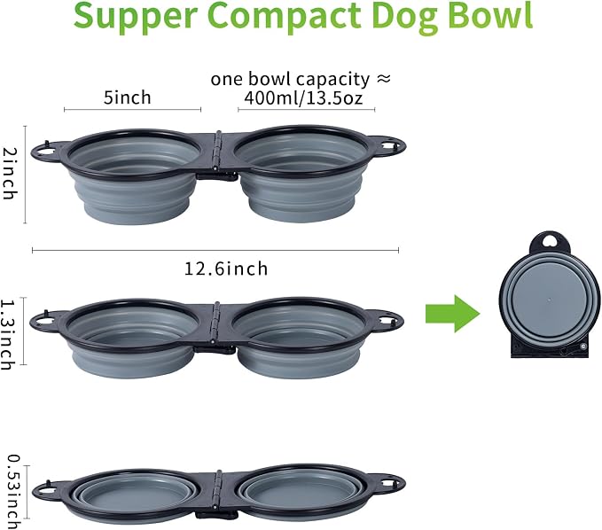 SLSON Collapsible Dog Dual Bowls Reinforced Rim 180 Degrees Flip Over Foldable Double Bowl with Lock Clips More Stable Dog Travel Bowls Pet Food Water Feeder (Cold Grey) - Image 2