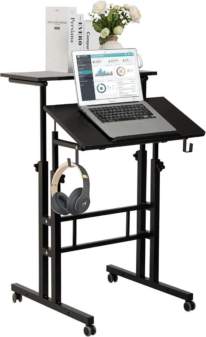 SIDUCAL Mobile Standing Desk, Portable Stand Up, Small Adjustable Converter with Wheels Home Office Workstation, Rolling Desk Laptop Cart for Standing or Sitting, Black by SIDUCAL
