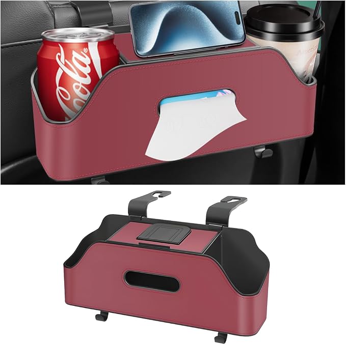 Zipelo Car Headrest Backseat Organizer with Cup Holder, Multi-Functional Vehicle Seat Back Hanging Storage Box with Hooks, Auto Drink Snack Phone Tray Travel Accessories for Kids Adults (Wine Red) by zipelo