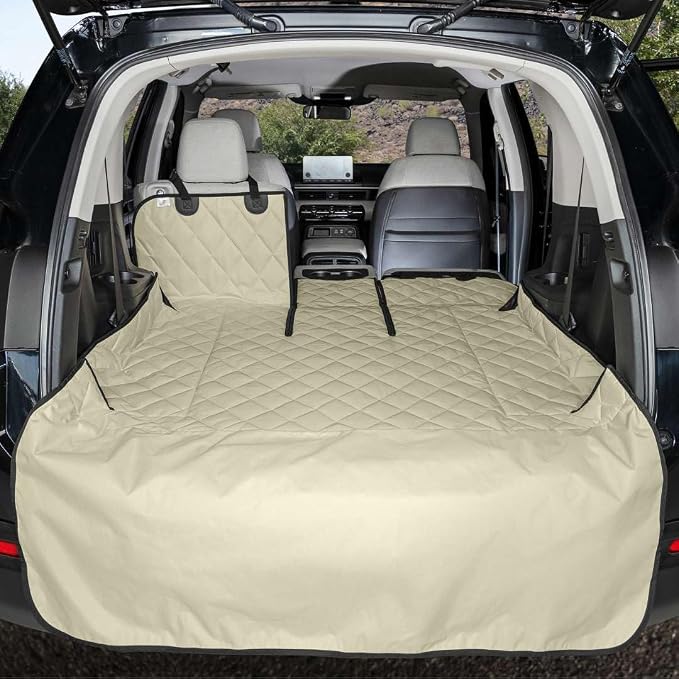 4Knines SUV Cargo Liner for Dogs, Fold Down Seats, Tan XL | Heavy-duty split design for 60/40 and 50/50 fold-down seats. K9-Shield waterproof protection and non-slip backing. - Image 5