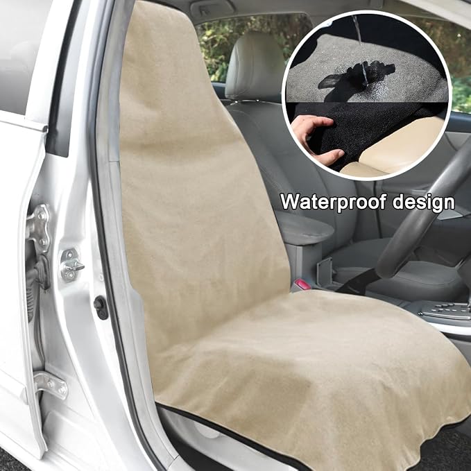 DXNQ Waterproof Car Towel Seat Cover, Sweating Non-Slip Premium Towel Carseat Cover Protector, Universal Soft Machine Washable Car Truck SUV Front Seat Cover for Gym Workout Beach Hiking (Beige) - Image 5