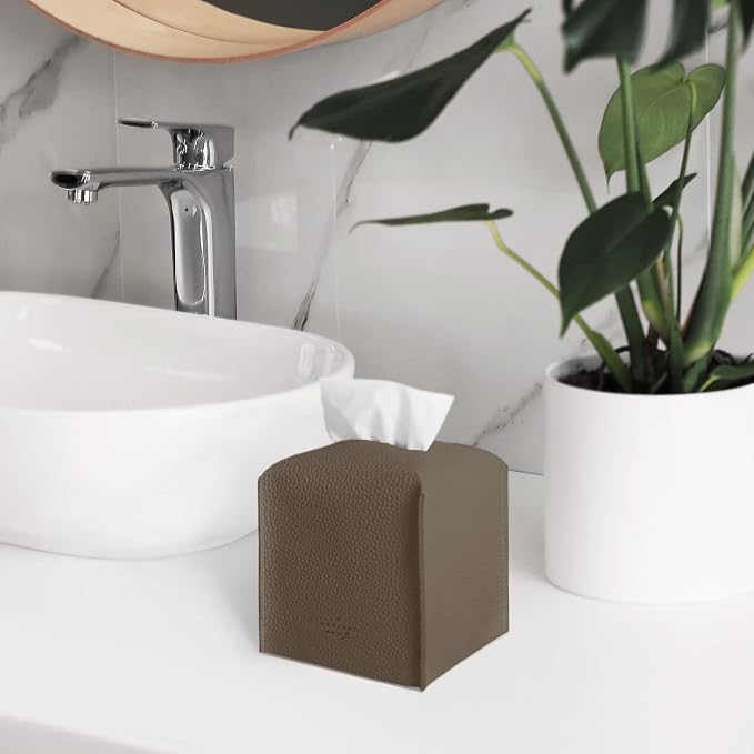 Carrotez Tissue Box Cover, [Refined] Modern PU Leather Square Tissue Box Holder - Decorative Holder/Organizer for Bathroom Vanity Countertop, Night Stands, Office Desk & Car 5"X5"X5" - Cocoa Brown - Image 8